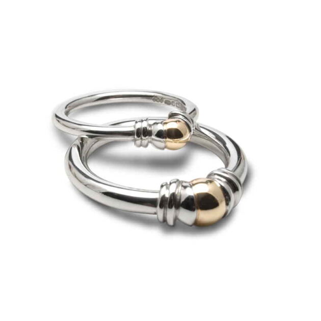 Bead and cup rings in silver and gold